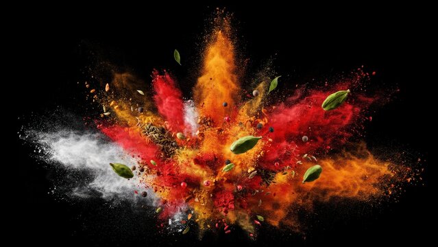 Explosion of colorful spices and herbs on black background