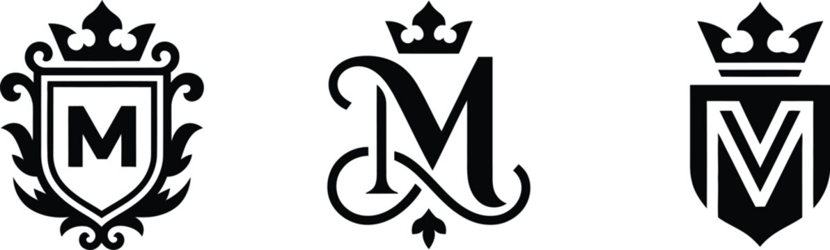 Three black and white vector monograms with ornate crowns, letter M initials, decorative flourishes, luxury branding emblems, royal logos, and elegant design.