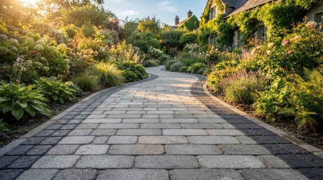 Cobblestone garden path winding through lush summer flowers.