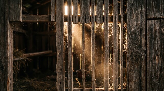 Warm sunlight rays streaming through weathered wooden slats of a dark rustic barn interior with dancing dust motes