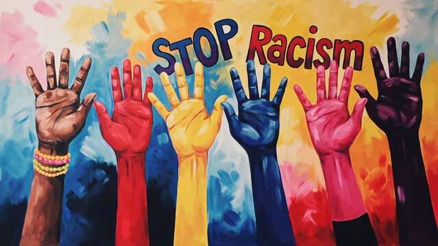 Stop racism concept with colorful raised hands