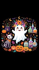 Fototapeta premium Folk art illustration of a cute ghost with flower crown and spooky cat.