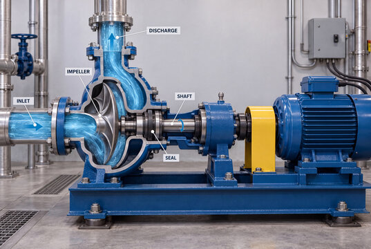 Centrifugal pump cutaway showing impeller and flow path