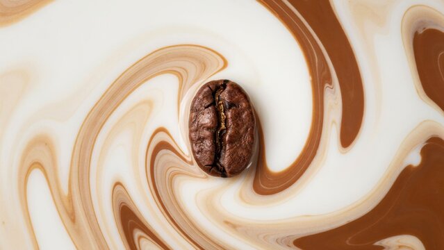 Single roasted coffee bean floating in a swirling mixture of milk and coffee