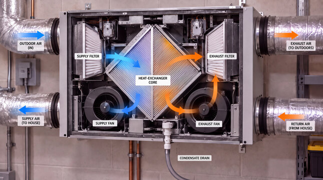 Heat recovery ventilator cutaway with supply and exhaust airflow