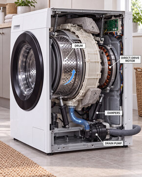 Front-load washing machine cutaway with drum and motor