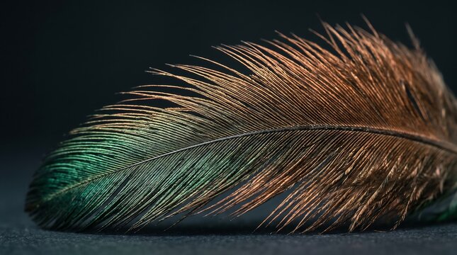 Close-up of a detailed iridescent feather with copper and green hues against a dark background, showcasing delicate textures and natural beauty