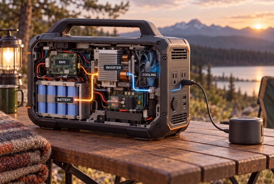 Portable power station cutaway showing battery and inverter