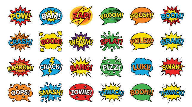 Extensive set of twenty four comic book action sound bubbles.