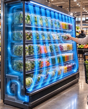 Open refrigerated display case air curtain over produce