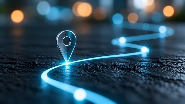 Abstract glowing location pin marker on dark textured surface connected by illuminated digital pathways representing global navigation and future technology tracking networks