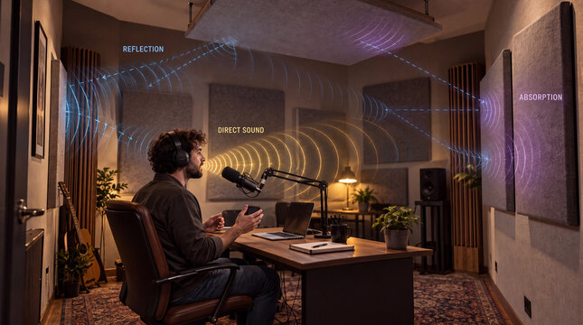 Podcast recording studio with acoustic sound wave overlay