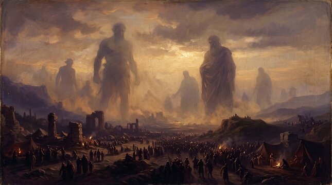 Antique painting of towering Nephilim giants standing among an ancient crowd at dusk