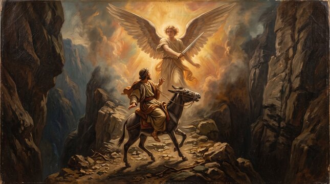 Antique painting of Balaam's donkey halting before an angel with a drawn sword blocking the path