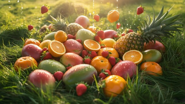 Fresh tropical fruits like pineapple orange and strawberry scattered on vibrant green grass with water droplets