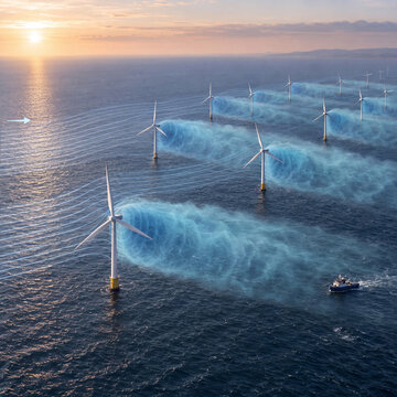 Offshore wind farm with turbine wake airflow visualization