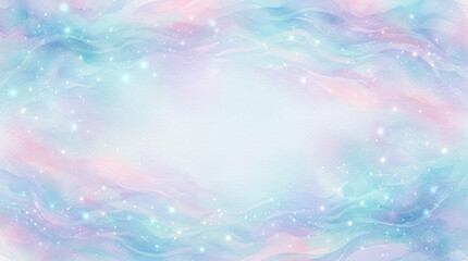 Fototapeta premium Abstract watercolor background with soft pastel blue and pink wavy clouds and sparkling glitter stars for magical fantasy design