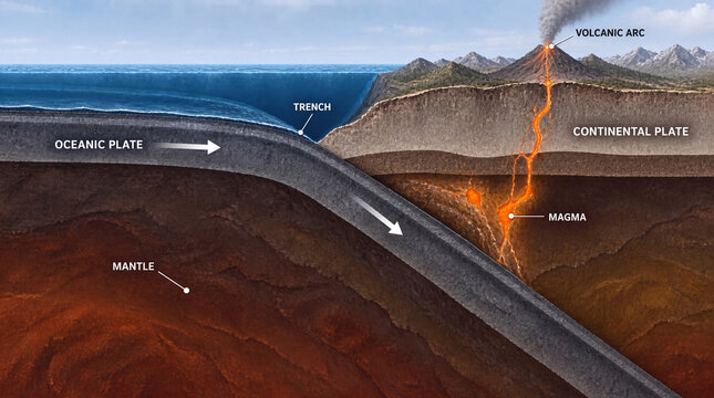 Subduction zone cross section with trench magma and volcanic arc