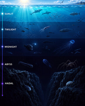 Ocean depth zones diagram from sunlit surface to hadal trench