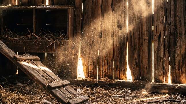 Sunlight streaming through gaps in a rustic wooden barn wall illuminating floating dust particles in a dark interior farm scene