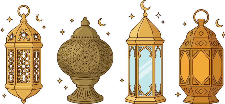Traditional golden Arabic lanterns vector collection set featuring beautiful Islamic fanous lamps ornaments crescent moon and stars for Ramadan Kareem festive decoration