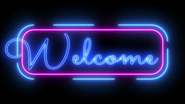 Neon sign animated welcome cursive script text glowing with elegant typography, smooth looping motion graphic on dark background in 4k.