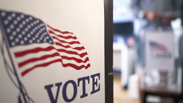 Midterm and presidential elections in USA, man voting at polling station with blurred background