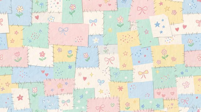 Seamless pattern with cute handdrawn patchwork quilt design featuring flowers, bows, stars, and hearts in soft pastel colors