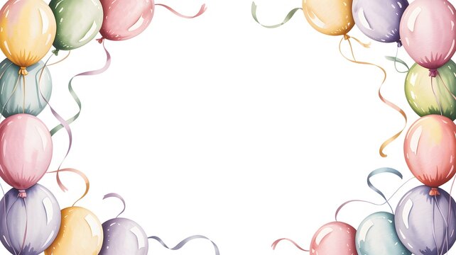 Pastel watercolor balloons arranged as decorative frame border isolated on white background for festive celebration designs