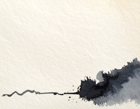 Dark sumi ink blot with a thin trailing line across the lower edge of ivory paper, copy space above
