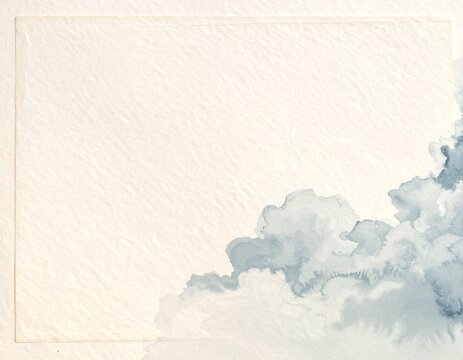 Blue grey ink cloud rising in the lower right corner of bordered cream paper with copy space