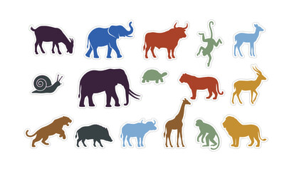 Obraz premium Vector animal sticker set featuring flat colorful silhouettes of wild safari zoo and farm creatures with white borders