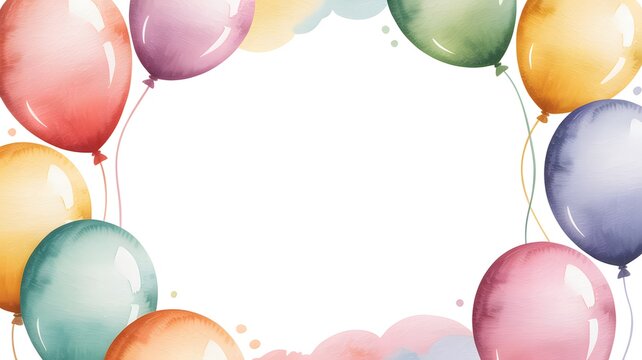 Colorful floating balloons arranged as a circular border for festive party invitations with soft watercolor texture