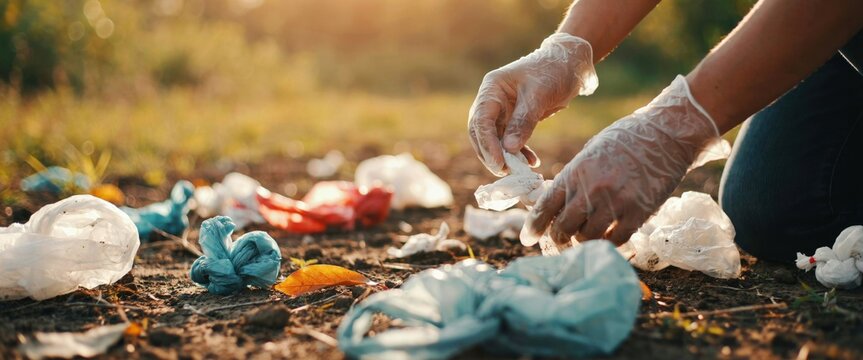Person picking up plastic trash outdoors