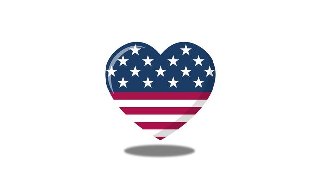 USA flag animated bouncing heart-shaped flag with pulsing shadow loop on 4k white background