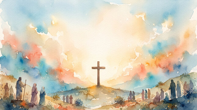 Watercolor illustration of a group of people gathered on a hill looking towards a cross against a soft, colorful sunrise sky