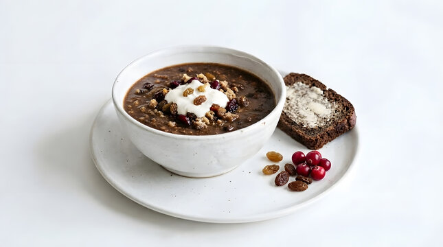 Thick and creamy leivasupp from the Baltics with slice of rye bread and fruits. Estonian dessert, European cuisine and culture assets
