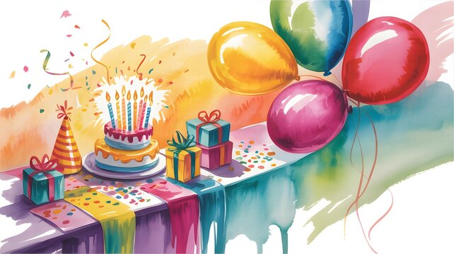 Festive birthday cake with bright candles and colorful balloons sitting on a table decorated with gifts