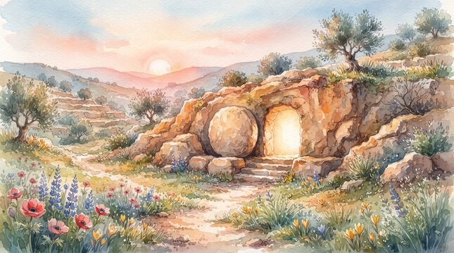 Watercolor illustration of the empty tomb of jesus christ at sunrise, featuring a stone entrance and a vibrant landscape with spring flowers