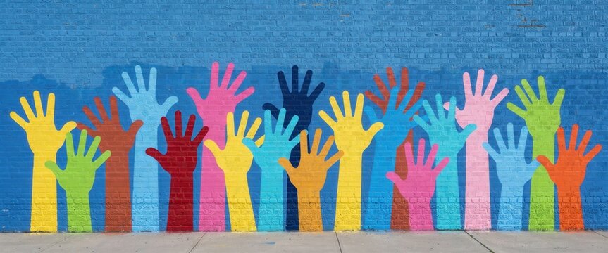 Colorful handprints painted on a blue brick wall