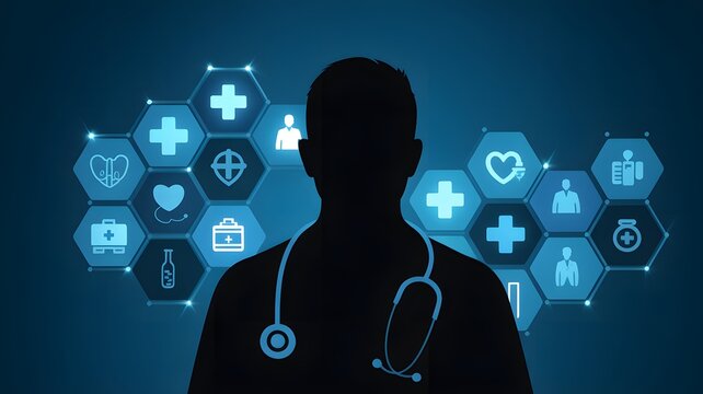 Silhouette of medical professional standing before glowing hexagonal interface with various bright healthcare and clinical icons