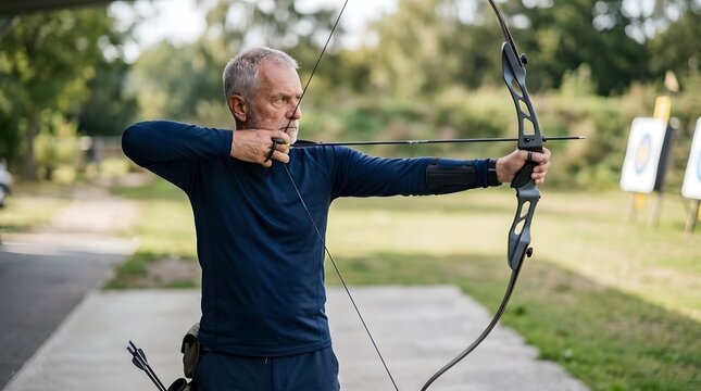 Mature man aiming compound bow at outdoor archery range target practice