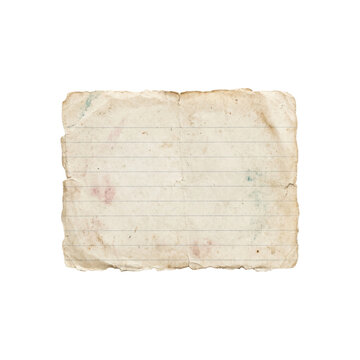 Aged Lined Paper: A piece of vintage, lined paper showing signs of age with faint stains and a torn, uneven edge, evoking a sense of history and nostalgia.