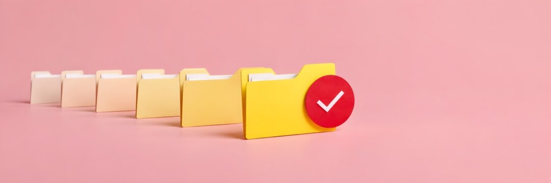 Row of yellow file folders leading to a highlighted folder with a red checkmark seal indicating final approval and priority document management