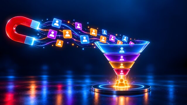 Magnetic force pulling colorful user profile icons into a glowing digital marketing funnel illustrating customer acquisition strategy