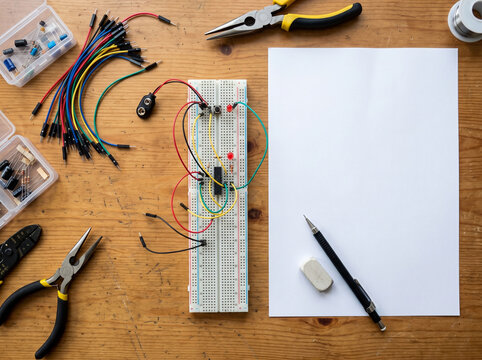 Flat lay of electronics prototyping workspace with blank paper sheet tools and breadboard.