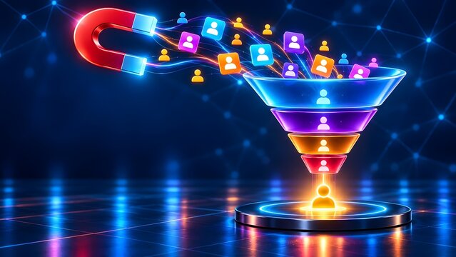 Digital magnet attracting user profile icons into a glowing conversion funnel visualizing targeted marketing and lead generation