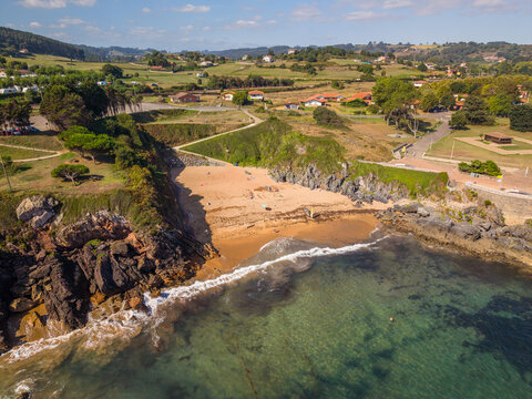 Aerial view of Playa de Carranques sandy beach in Perlora Asturias Spain