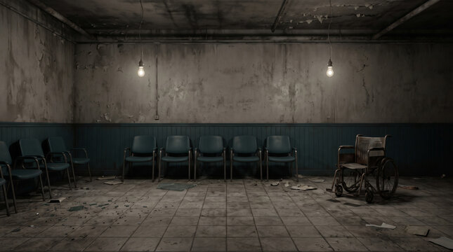 Abandoned hospital horror room with empty chair row and wheelchair. Abandoned building interior empty. creepy scarey fear halloween, old grunge dirty vintage background