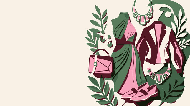 Fashion Illustration Trendy Outfit Collection Design Flat Vector Graphics Style Elegant Pink Green Clothing Accessories Dress Jacket Handbag Shoes Jewelry Composition Modern Apparel Retail Catalog